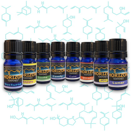 A collection of 8 Horizon Terpene Bottles, including Nocturne, Happy, Soothe, Comfy, Calm, Strong, Joy and Lunar